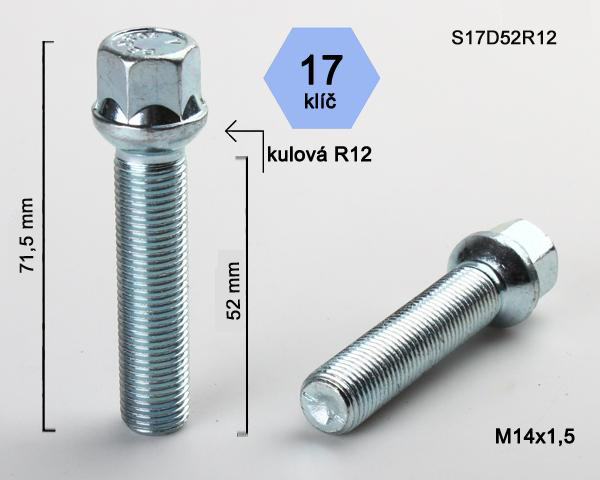 Šroub na kola M14x1,5x52 koule R12, klíč 17