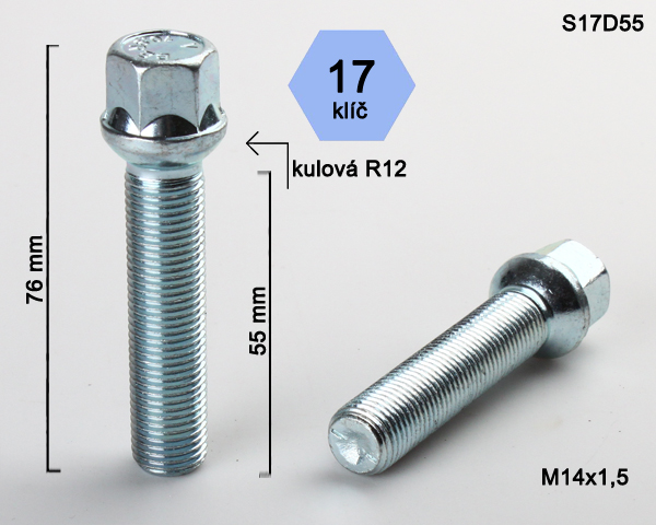 Šroub na kola M14x1,5x55 koule R12, klíč 17
