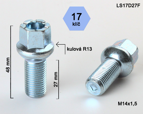 Šroub na kola M14x1,5x27 koule R13, klíč 17
