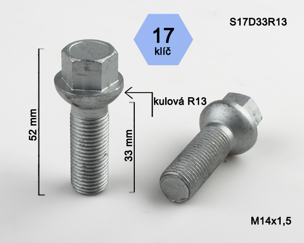 Šroub na kola M14x1,5x33 koule R13, klíč 17