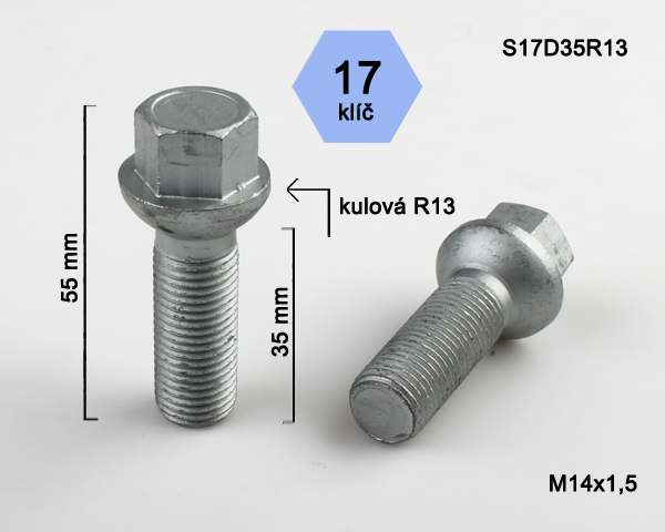Šroub na kola M14x1,5x35 koule R13, klíč 17