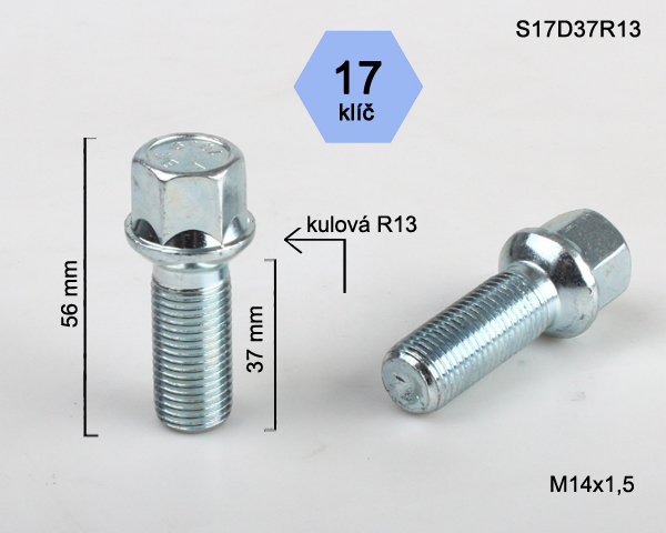 Šroub na kola M14x1,5x37 koule R13, klíč 17