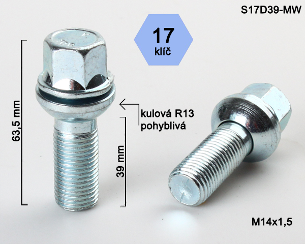 Šroub na kola M14x1,5x39 koule R13 pohyblivá, klíč 17 