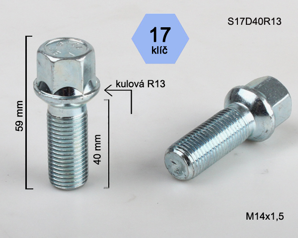 Šroub na kola M14x1,5x40 koule R13, klíč 17