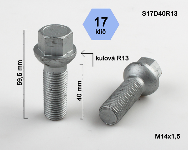 Šroub na kola M14x1,5x40 koule R13, klíč 17