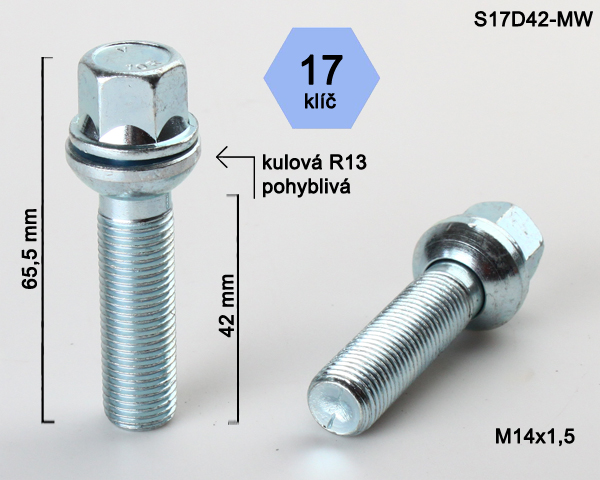 Šroub na kola M14x1,5x42 koule R13 pohyblivá, klíč 17 