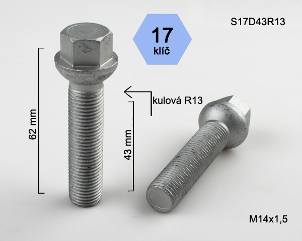 Šroub na kola M14x1,5x43 koule R13, klíč 17