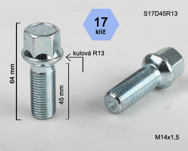 Šroub na kola M14x1,5x45 koule R13, klíč 17