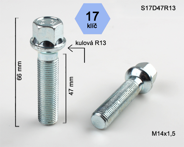 Šroub na kola M14x1,5x47 koule R13, klíč 17
