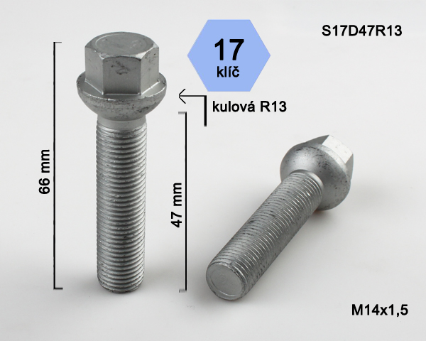 Šroub na kola M14x1,5x47 koule R13, klíč 17
