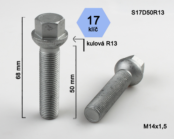 Šroub na kola M14x1,5x50 koule R13, klíč 17