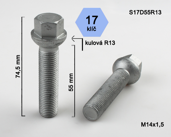 Šroub na kola M14x1,5x55 koule R13, klíč 17