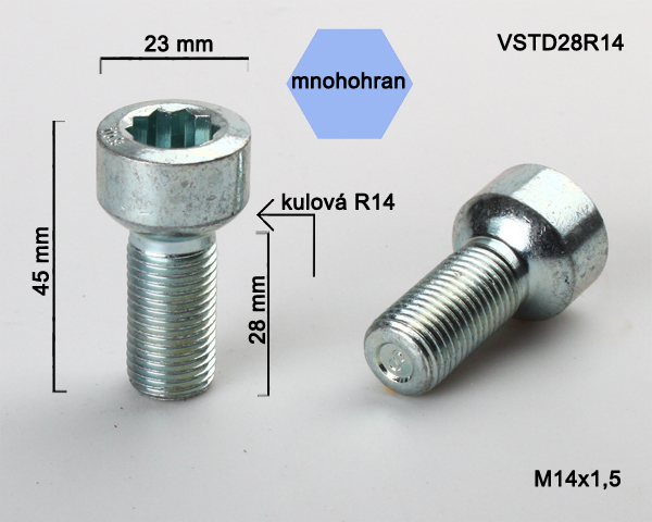 Šroub na kola M14x1,5x28 koule R14, vnitřní mnohohran, průměr hlavy 23