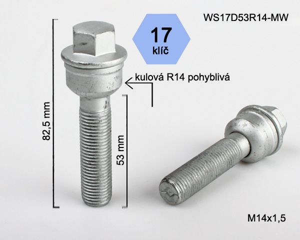 Šroub na kola M14x1,5x53 koule R14 pohyblivá, klíč 17 