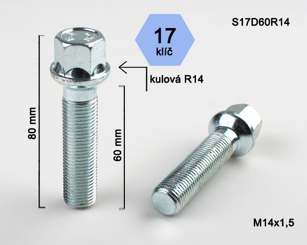 Šroub na kola M14x1,5x60 koule R14, klíč 17