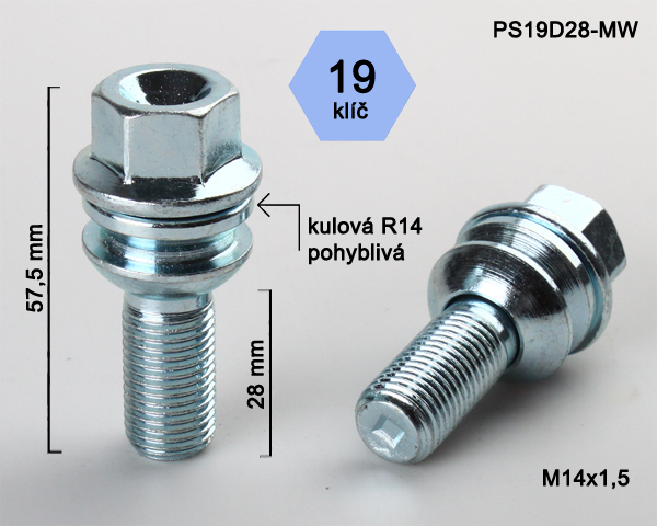Šroub na kola M14x1,5x28 koule R14 pohyblivá, klíč 19 