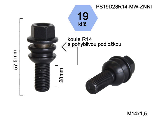Šroub na kola M14x1,5x28 černý, koule R14 pohyblivá, klíč 19 