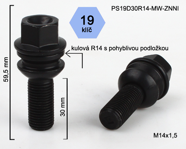 Šroub na kola M14x1,5x30 černý, koule R14 pohyblivá, klíč 19 