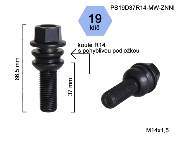 Šroub na kola M14x1,5x37 černý, koule R14 pohyblivá, klíč 19 