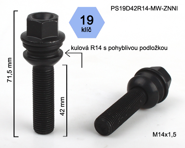 Šroub na kola M14x1,5x42 černý, koule R14 pohyblivá, klíč 19 