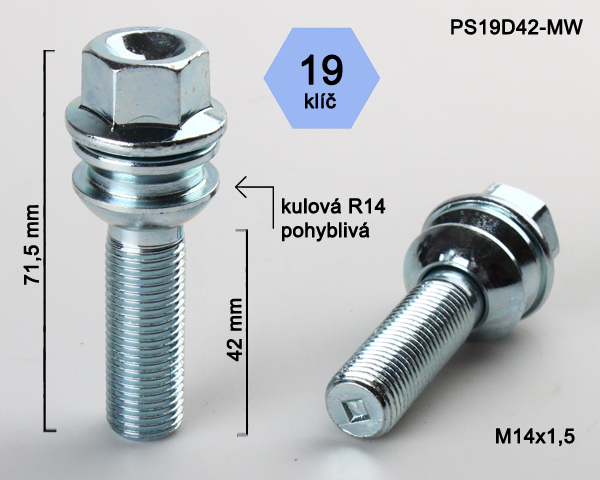 Šroub na kola M14x1,5x42 koule R14 pohyblivá, klíč 19 