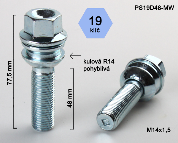 Šroub na kola M14x1,5x48 koule R14 pohyblivá, klíč 19 