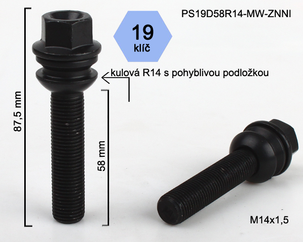 Šroub na kola M14x1,5x58 černý, koule R14 pohyblivá, klíč 19 