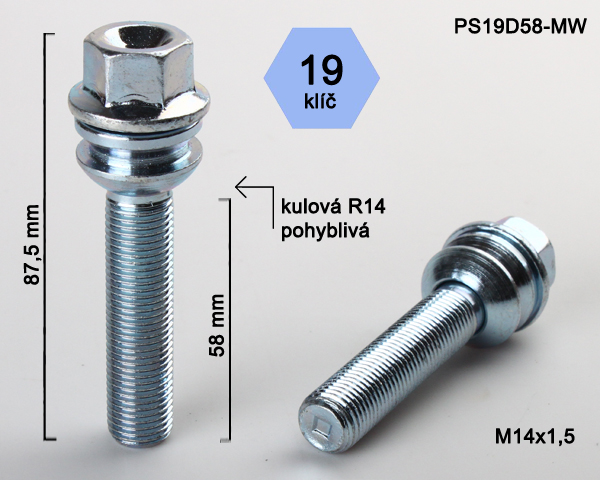 Šroub na kola M14x1,5x58 koule R14 pohyblivá, klíč 19 