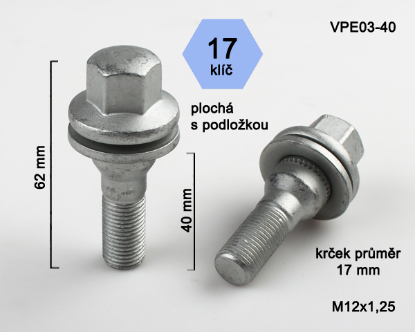Šroub na kola M12x1,25x40 plochá podložka, klíč 17