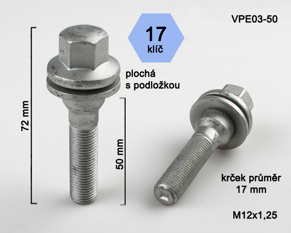 Šroub na kola M12x1,25x50 plochá podložka, klíč 17