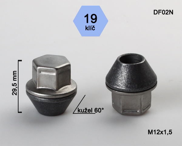 Matice na kola M12x1,5 Ford kužel uzavřená, nerezová krytka, klíč 19