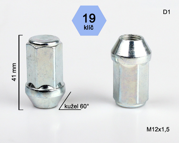 Matice na kola M12x1,5 kužel zavřená prodloužená, klíč 19 