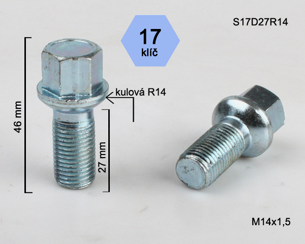 Šroub na kola M14x1,5x27 koule R14, klíč 17
