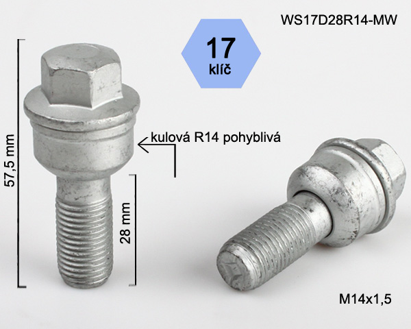 Šroub na kola M14x1,5x28 koule R14 pohyblivá, klíč 17 