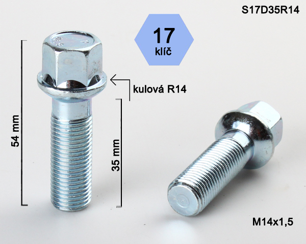 Šroub na kola M14x1,5x35 koule R14, klíč 17