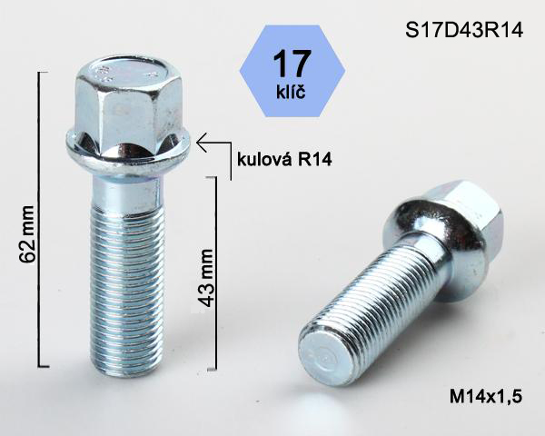 Šroub na kola M14x1,5x43 koule R14, klíč 17