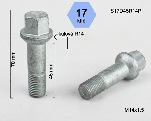 Šroub na kola M14x1,5x45 koule R14, klíč 17