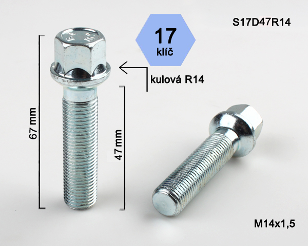 Šroub na kola M14x1,5x47 koule R14, klíč 17