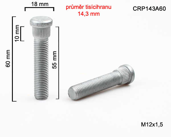 Svorník na kola M12x1,5x60 průměr tisícihranu 14,3mm 