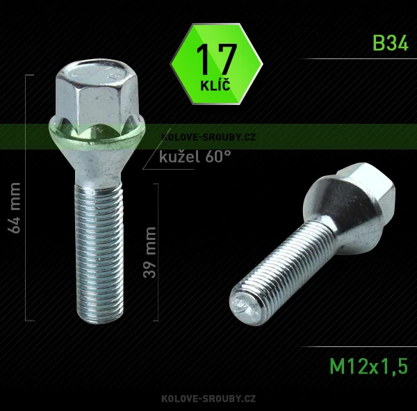 Šroub na kola M12x1,5x39 kužel, klíč 17