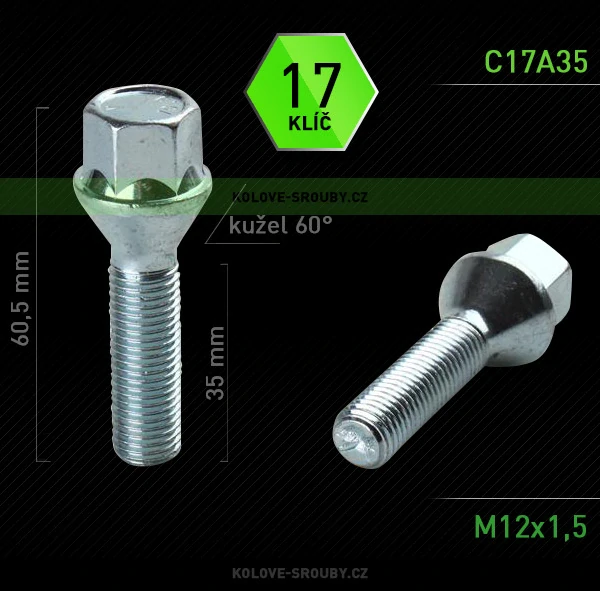 Šroub na kola M12x1,5x35 kužel, klíč 17