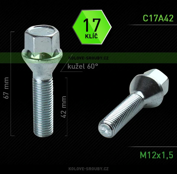Šroub na kola M12x1,5x42 kužel, klíč 17