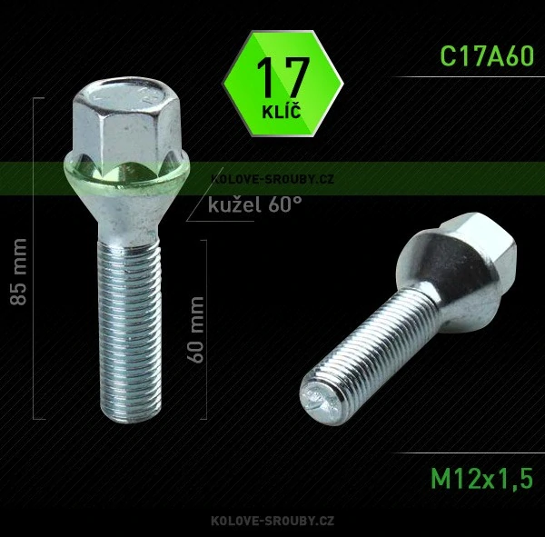 Šroub na kola M12x1,5x60 kužel, klíč 17, BIMECC