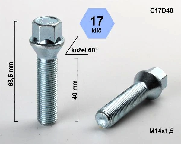 Šroub na kola M14x1,5x60 kužel, klíč 17
