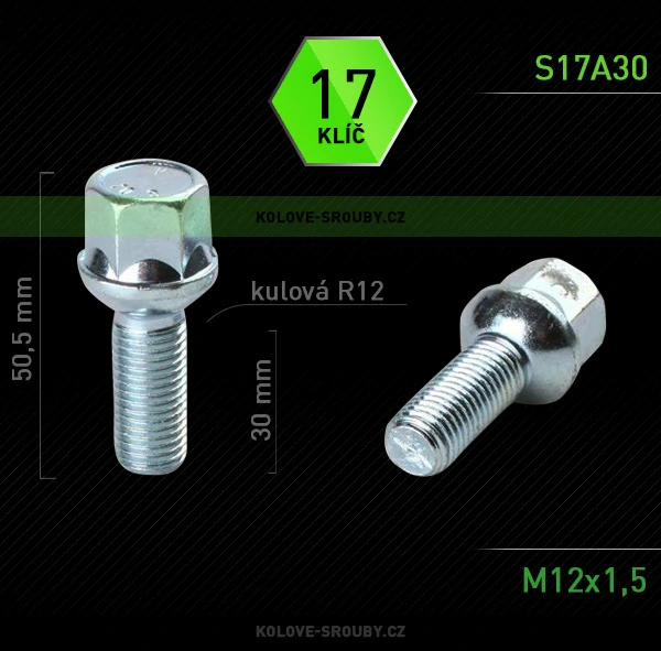 Šroub na kola M12x1,5x30 koule R12, klíč 17