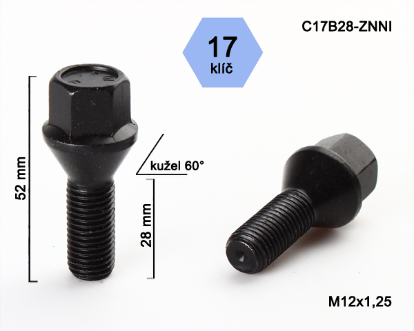 Šroub na kola černý M12x1,25x28mm, kužel, klíč 17