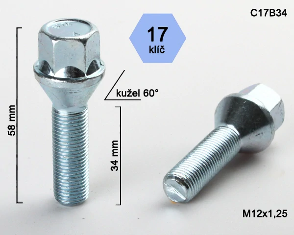 Šroub na kola M12x1,25x34 kužel, klíč 17