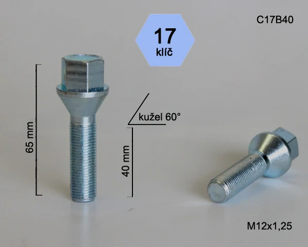 Šroub na kola M12x1,25x40 kužel, klíč 17, BIMECC