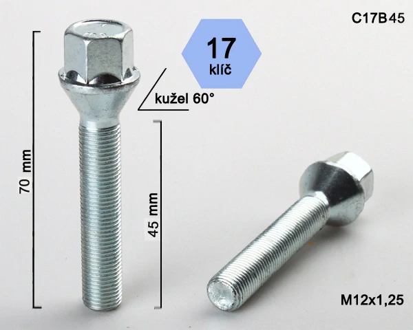 Šroub na kola M12x1,25x45 kužel, klíč 17