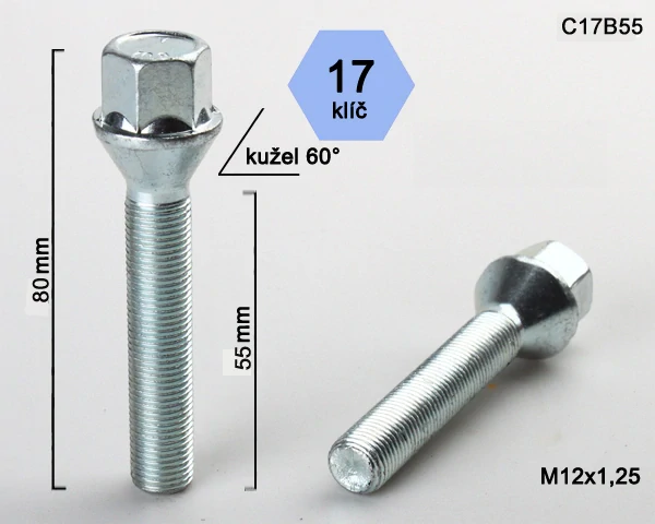 Šroub na kola M12x1,25x55 kužel, klíč 17